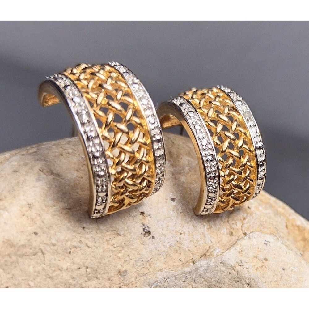 Vintage Diamond Chip Hoop Earrings Gold tone Basket Weave